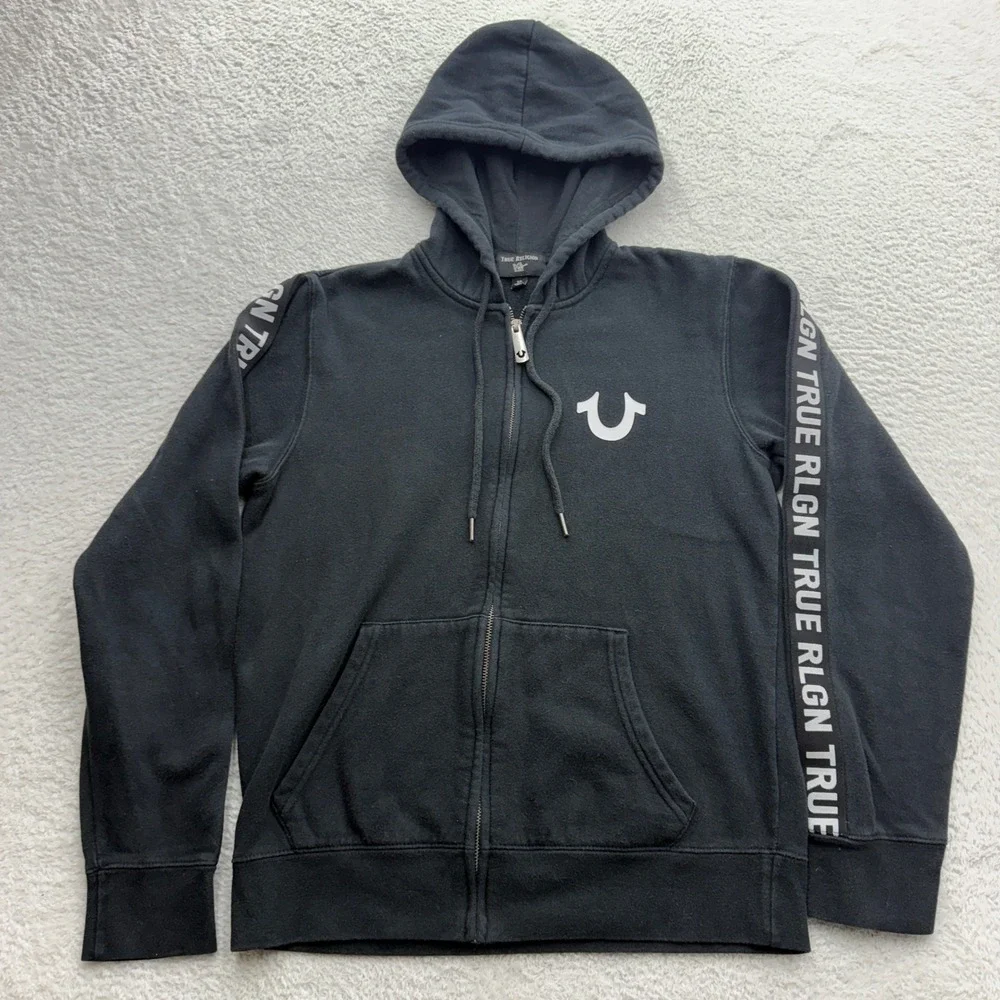 True Religion Mens Black Zip Up Hoodie Horseshoe‎ Logo Tape Sleeve Sweatshirt S